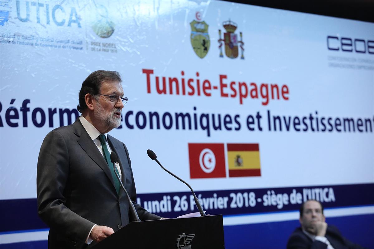26/02/2018. VIII Reunión de Alto Nivel entre Túnez y España. El presidente del Gobierno, Mariano Rajoy, durante los actos de clausura del En...